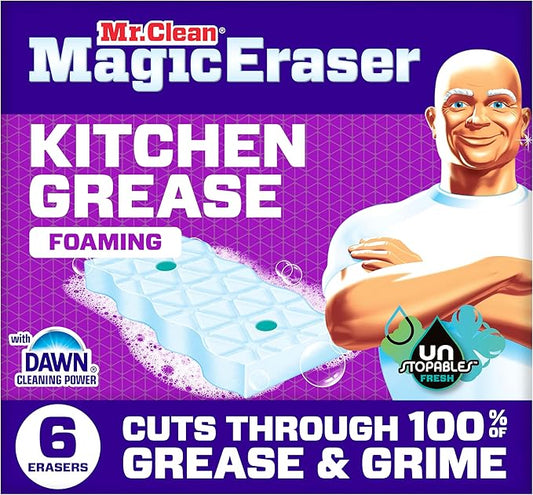 Mr. Clean Magic Eraser Foaming Sponge, Kitchen Grease Eraser, Dawn Cleaning Power, Oven Cleaner, Unstopables Fresh, 6ct