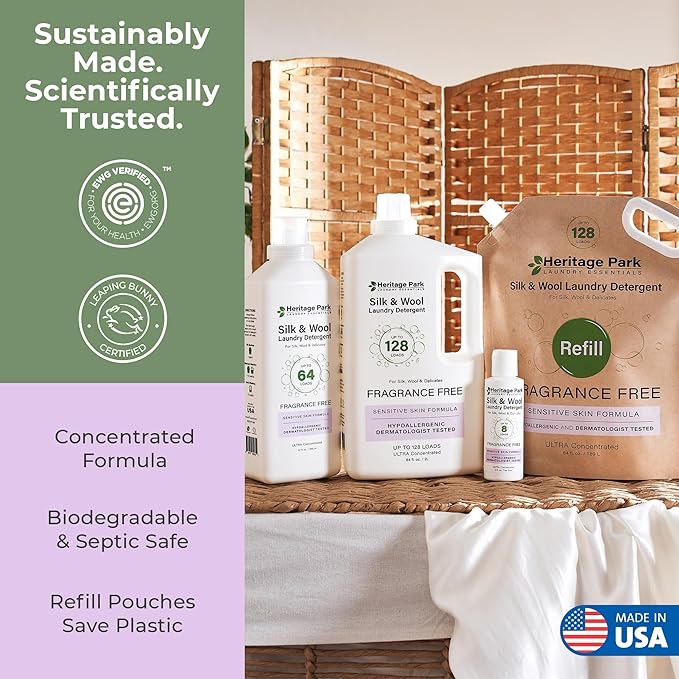 Heritage Park Silk & Wool Fragrance Free, Hypoallergenic, pH-Neutral Laundry Detergent – Dermatologist-tested, Sensitive Skin-Friendly, Enzyme-Free, Concentrated Up to 64 loads (32 fl oz)