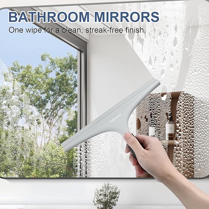 Silicone Shower Squeegee for Glass Doors with Hook, Window Squeegee for Shower Doors, Kitchen, Mirrors and Tiles, Glass Squeegee Bathroom Shower(10 inch, Gray)