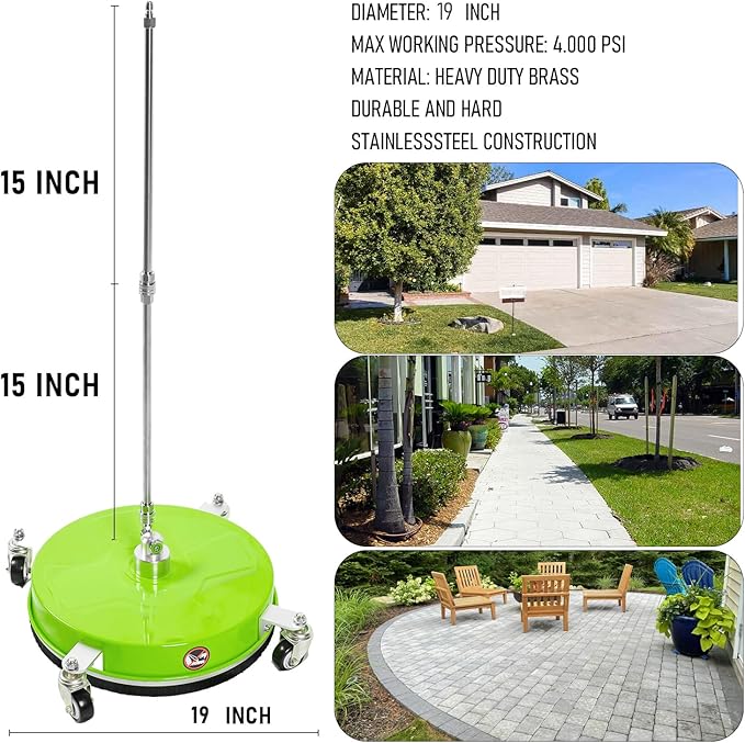 19" Pressure Washer Surface Cleaner with 4 Wheels, Coated Green Stainless Steel Power Washer Surface Cleaner for Driveway Sidewalk Patio, 1/4" Quick Connector 2 Extension Wand, 4000 PSI