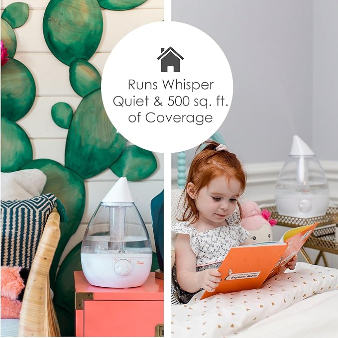 Crane White Teardrop Ultrasonic Cool Mist Humidifier, 1 Gallon Auto Shut-Off for Large Room, Baby Nursery, Bedroom Office, Clear & White