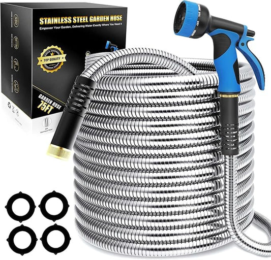 Lefree 75ft Metal Garden Hose - Heavy Duty 304 Stainless Steel Flexible Water Hose, No Kinks & Leak-Proof with Upgraded Handle, 10-Function Spray Nozzle for Yard, Garden, Pet Bath, Outdoor Cleaning