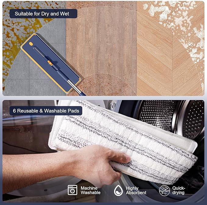 Mop and Bucket Set with Wringer, 3-Tank Flat Mop and Bucket System, Wall Mop Cleaner with Long Handle, Hands Free Mops for Floor Cleaning with 6 Microfiber Pads