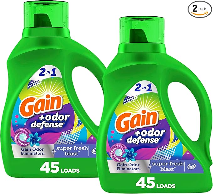 Gain Odor Defense Liquid Laundry Detergent, Super Fresh Blast Scent, 2 x 65 fl oz, 2 x 45 loads, total of 90 loads, 2 in 1, Laundry Detergent Liquid Soap, HE compatible