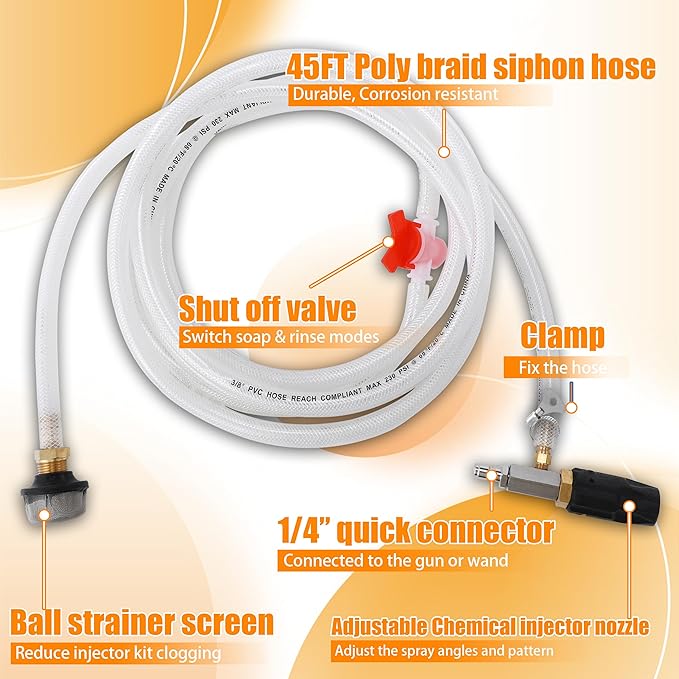 JOEJET Adjustable Pressure Washer Spray Nozzle, Pressure Washer Chemical Injector, External Injection Soft Wash Nozzle with 45 FT Siphon Hose, 2-2.5 GPM