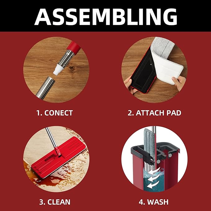 Mop and Bucket with Wringer Set, Flat Mop and Bucket, Squeeze Floor Mop with 3 Washable Microfiber Mops, Wet and Dry Use, Household Cleaning Tools, for Hardwood Floor, Laminate, Tile