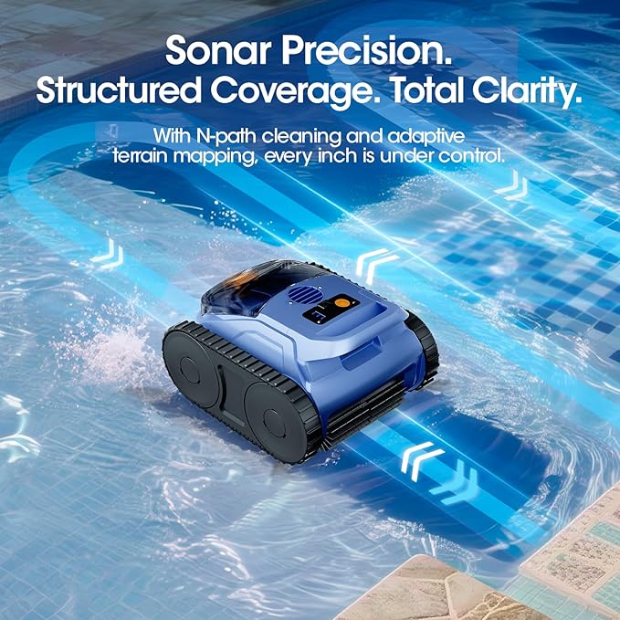 Cordless Robotic Pool Vacuum, Pool Cleaner with Track Drive & Sonar Navigation, 180W Brushless Motor, Wall & Waterline Climbing, 150-Min Runtime, for Inground Above-Ground 2150 Sq. Ft. (Navy Blue)