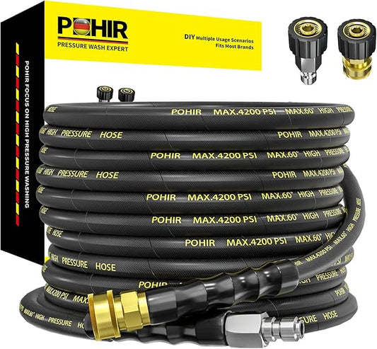 POHIR Power Washer Hose 25FT x 1/4 Inch with 3/8" Quick Connector, High Tensile Wire Braided Heavy Duty Kink Resistant High Pressure Hose 4200PSI, 2 Pcs M22 to 3/8 Adapters Set Accessories