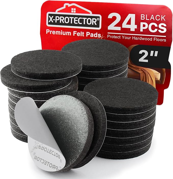 X-Protector Felt Furniture Pads - 24 Pcs 2" - Round Felt Pads for Furniture Feet - Protect Hardwood Floors! (Black)