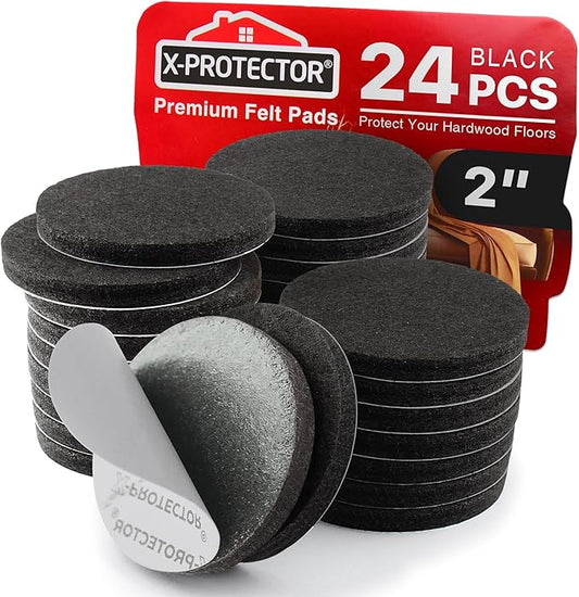 X-Protector Felt Furniture Pads - 24 Pcs 2" - Round Felt Pads for Furniture Feet - Protect Hardwood Floors! (Black)