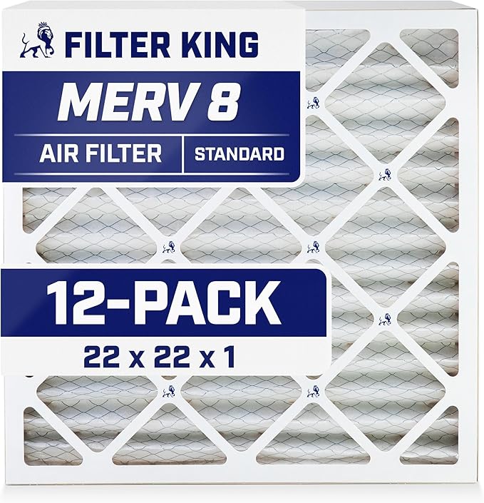 Filter King 22x22x1 Air Filter | 12-PACK | MERV 8 HVAC Pleated A/C Furnace Filters | MADE IN USA | Actual Size: 21.5 x 21.5 x .75"