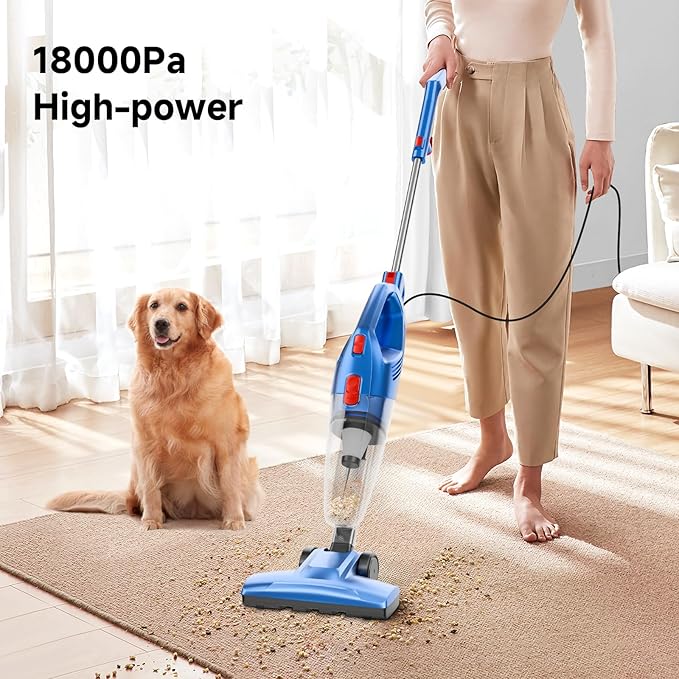 Corded Stick Vacuum Cleaner - Lightweight, Powerful Suction with 450W Motor, 3-in-1 16.4Ft Cord Vacuum Cleaners for Home, Hard Floor, Carpet, Pet Hair Deep Blue