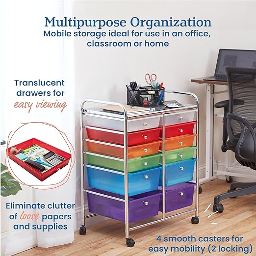 ECR4Kids 12-Drawer Everyday Mobile Organizer, Storage Cart, Assorted