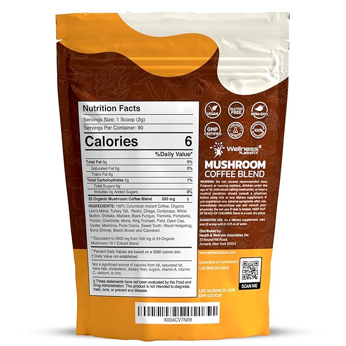 Mushroom Coffee Organic Instant Coffee, 25-in-1, Third-Party Tested Keto Friendly Lions Mane Supplement with Functional Mushrooms – Shiitake, Reishi, Lion’s Mane & More | Smooth, Rich Flavor - 90 Servings