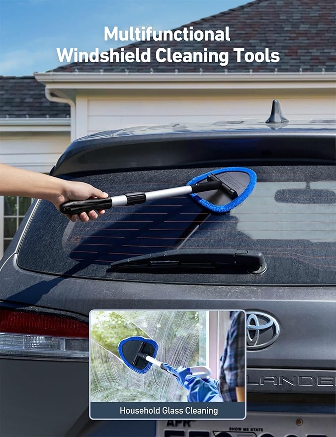 AstroAI Windshield Cleaner Tool, Car Interior Window Detailing Cleaning Kit with Extendable Handle and 4 Easy-to-Install Reusable Microfiber Pads, Auto Glass Wiper Brush Kit for Car&Home, Blue, 21in