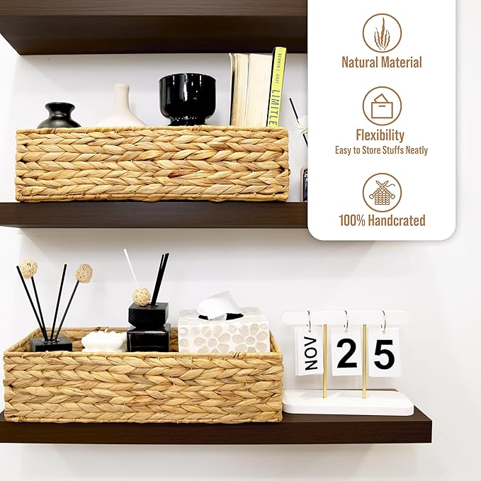 2-Pack Handwoven Water Hyacinth Storage Baskets, Wicker Bins for Pantry Organization, Shelf or Closet Organizer, Decorative Boho Rectangular Basket 15.7" x 6.7"