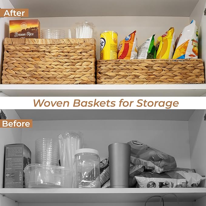 2-Pack Handwoven Water Hyacinth Storage Baskets, Wicker Bins for Pantry Organization, Shelf or Closet Organizer, Decorative Boho Rectangular Basket 15.7" x 6.7"