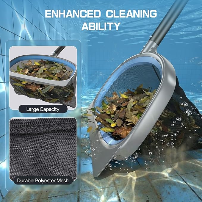 UIRWAY 4-in-1 Deluxe Swimming Pool Cleaning Kit - Includes Detachable Pool Brush, Heavy Duty Deep Leaf Skimmer Net, Fine Mesh Net, Extendable Aluminum Pole for Inground & Above Ground Pools Cleaning