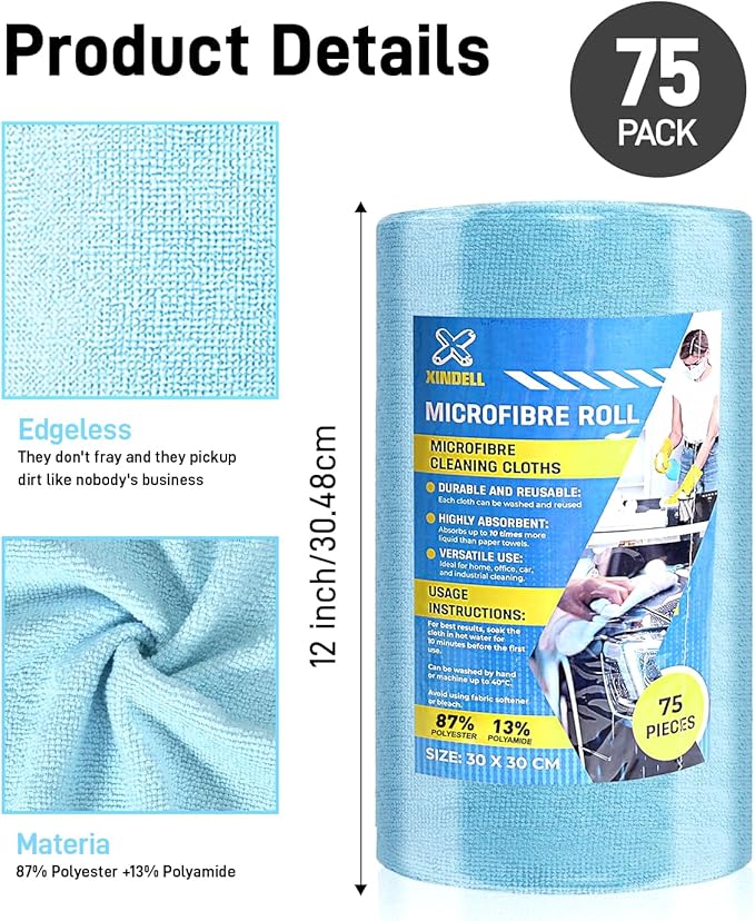 150 Pack Microfiber Cleaning Cloth Roll, XINDELL 12"x12" Tear-Off Lint-Free Towels for Car Detailing, Auto Window & Interior Cleaning Cloths – Ultra Absorbent, Scratch-Free, Blue