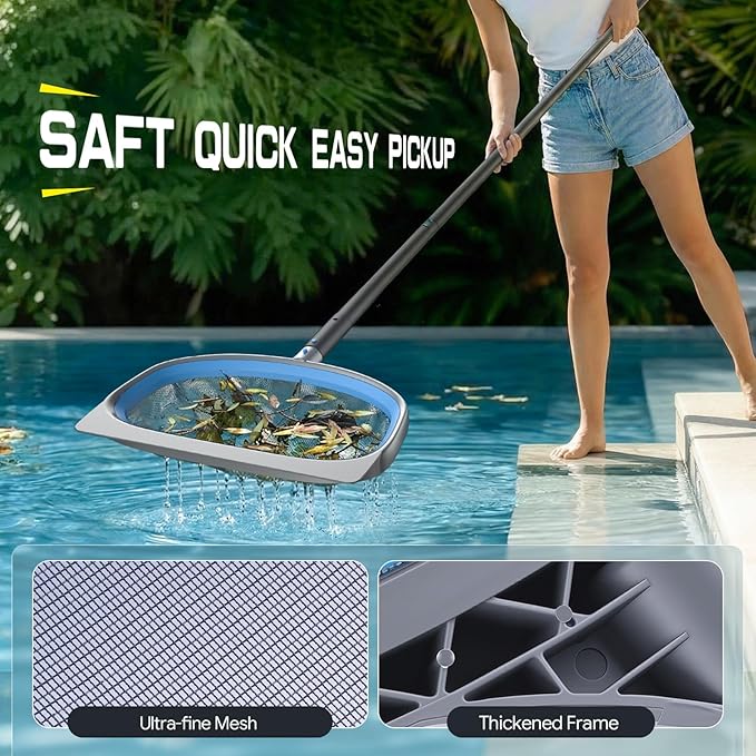 UIRWAY 6-in-1 Deluxe Swimming Pool Cleaning Kit - Includes Detachable Pool Brush, Deep Leaf Skimmer & Fine Mesh Net, Small Brush, Gloves, Adjustable Aluminum Pole Inground & Above Ground Cleaning