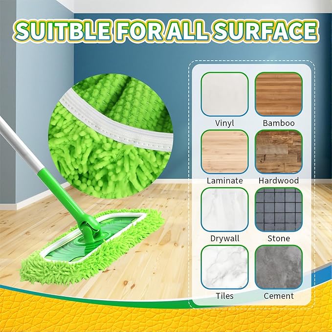 Chenille Mop Refill Pads for Home Use– Replacement Mop Heads for Floor Cleaning,Fits Most Standard Mops, for Hardwood Tile Laminate Floors (Fluorescent Green 6PCS)