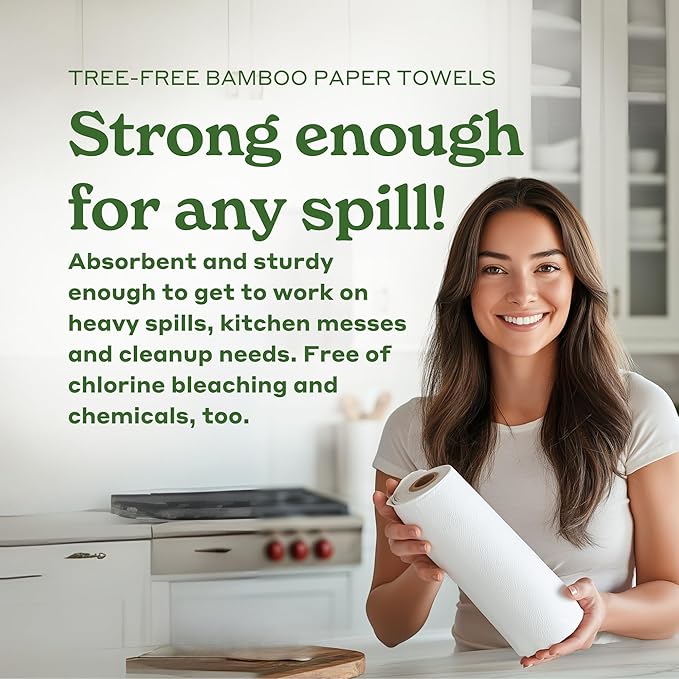 Caboo Tree Free Paper Towels, 8 Rolls, Earth Friendly Sustainable Kitchen Paper Towels with Strong 2 Ply