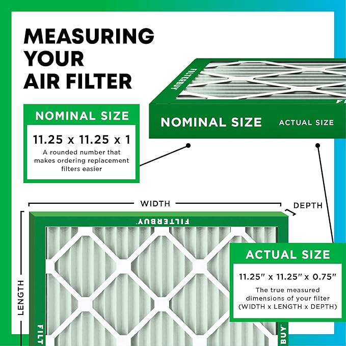 Filterbuy 11.25x11.25x1 Air Filter MERV 13 Optimal Smoke & Allergy Defense (6-Pack), Electrostatic Pleated HVAC AC Furnace Filters Replacement, Made in USA (Actual Size: 11.25 x 11.25 x 0.75)