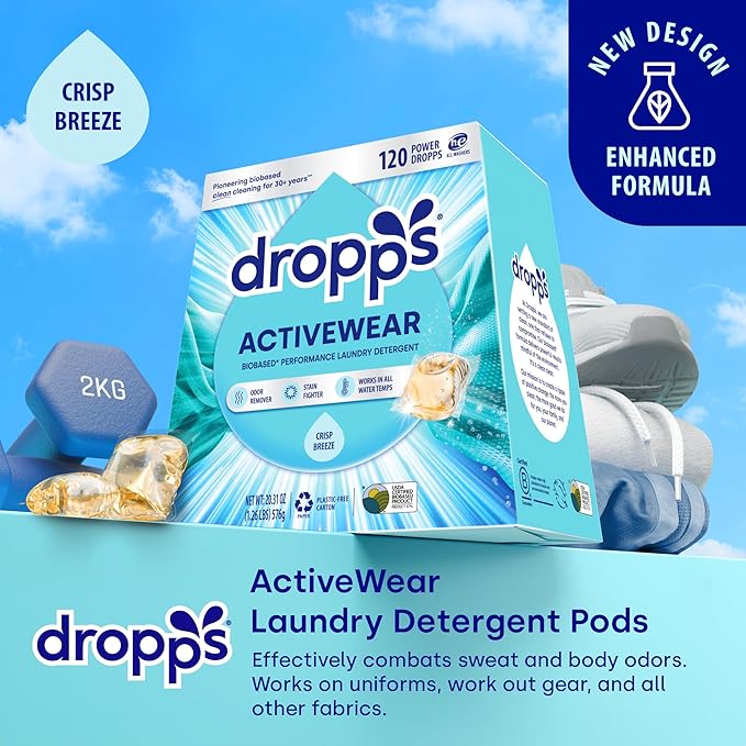 Dropps Activewear Biobased Power Laundry Detergent Pods, Crisp Breeze (120 Count) - Laundry Pods Fights Tough Stains & Odors, Sweat & Dirt - HE Compatible Laundry Supplies for Clean Clothes