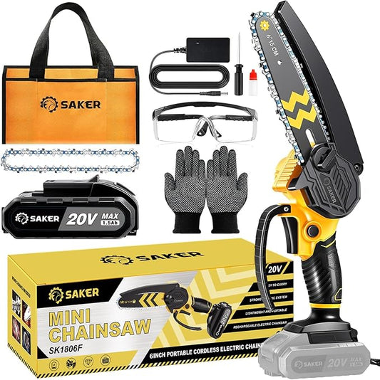 Saker Mini Chainsaw Cordless 6-Inch-Switch Security Lock-Cordless Power Chain Saws-Handheld Small Chainsaw for Cutting Wood Trimming and Woodworking- Mini Chain Saw Cordless with 1 Battery