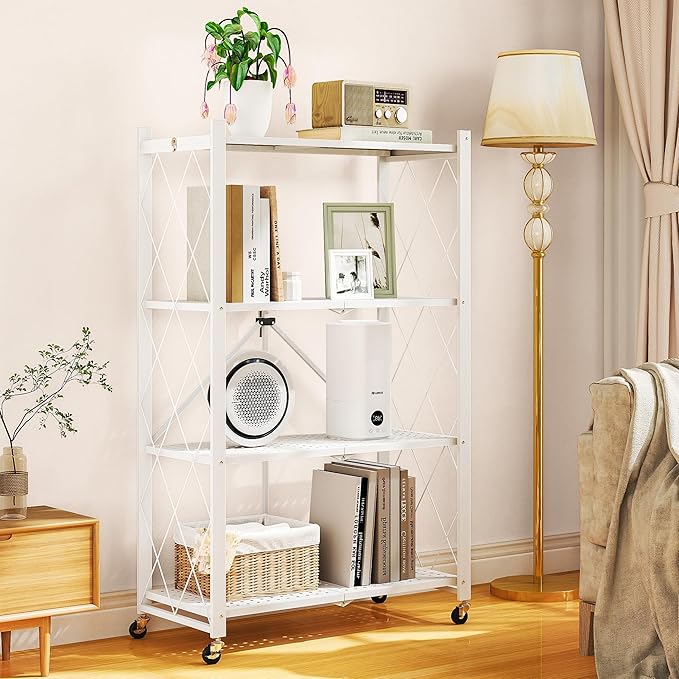 4-Tier Folding Metal Storage Shelf with Wheels, No Assembly Organizer Rack, Heavy Duty Collapsible Shelving Unit for Garage, Kitchen, Basement, Pantry, Living Room(New Upgrade - White, 4 Tier)