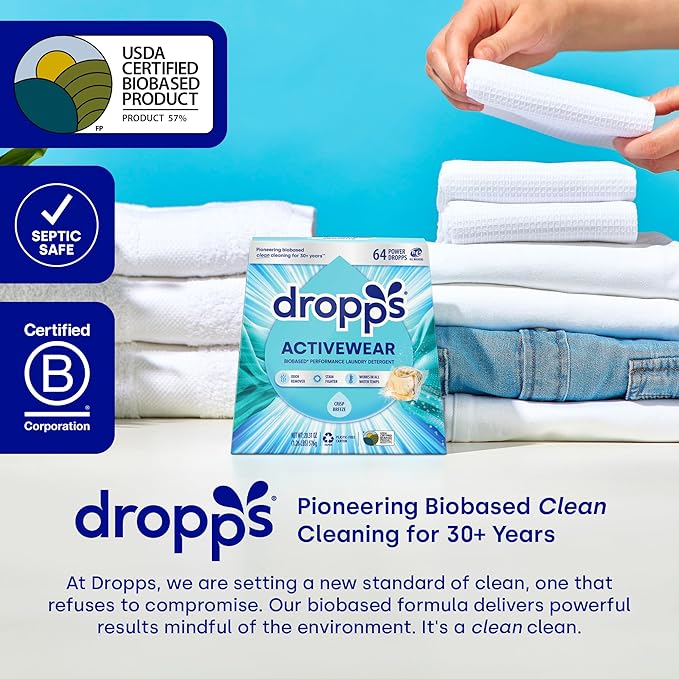 Dropps Activewear Laundry Detergent Pods, Rose Energy (64 Count) - Biobased Power Laundry Pods Fights Tough Stains & Odors, Sweat & Dirt - HE Compatible Laundry Supplies for Clean Sport Clothes