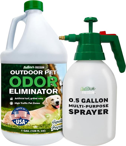 Nature's Freedom Outdoor Pet Odor Eliminator – Gallon Enzyme Cleaner with Pump Sprayer for Yard, Turf, Patios, Kennels, Concrete