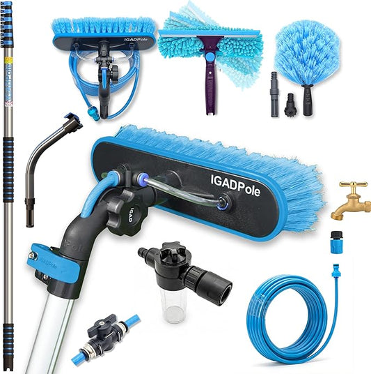 IGADPole 28 FT Water-Fed Washing Kit with Soap-Dispenser, Brush, 10″ Squeegee & Cobweb Duster for Windows, Gutters, Solar Panels & Exterior Walls