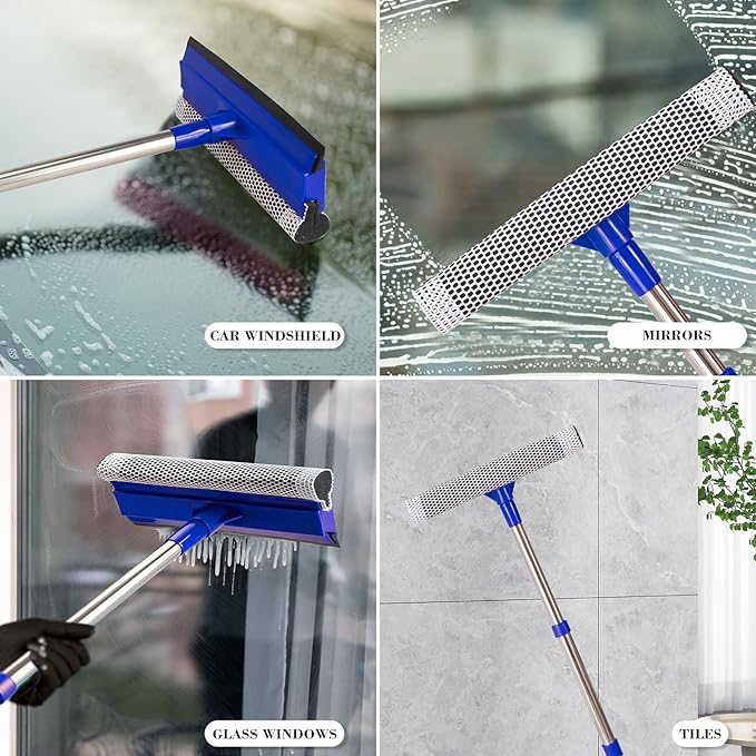 2-in-1 Window Squeegee&Car Squeegee with 15.7"-27.5" Retractable Stainless Steel Handle, Windshield Cleaner Tool for Cars, Trucks, Glass Doors, Shower Glass, Outdoor Windows