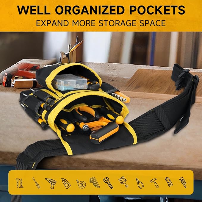 Tool Belt,Magnetic Tool Pouch,27-Pockets Heavy Duty Tool Belts for Men,Detachable Tool Pouch Bag for Electrician,Carpenter,Construction,Utility Belt,Valentines Day Gifts for Men,Black,Yellow