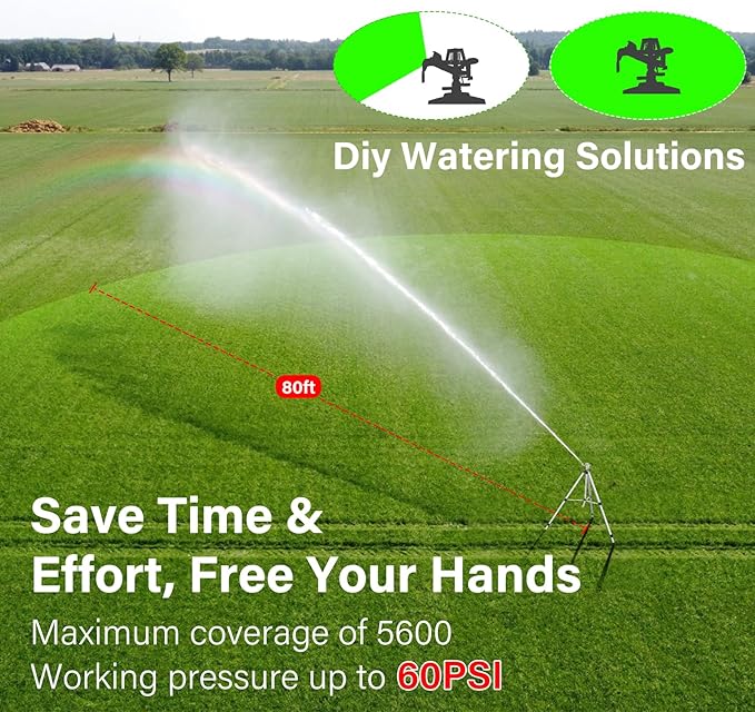 Heavy Duty Impact Sprinkler on Tripod Base,36 Inch Tripod Sprinkler with Brass Nozzle for Yard Large Area,Extra Tall 360 Degree Rotating,Waters Up to 80 Ft,Legs Extend Up to 36"