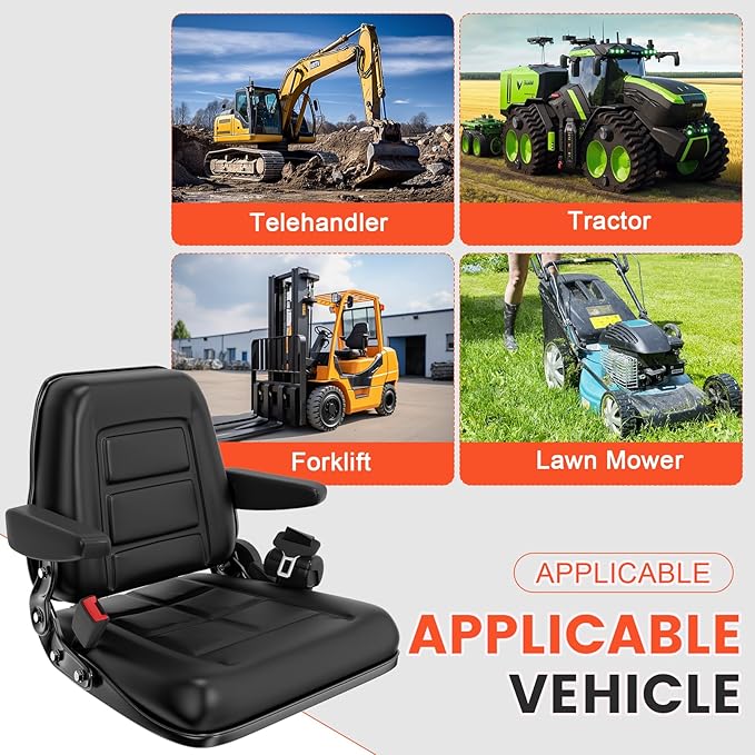 Universal Forklift Seat with Cover, Tractor Seat with Safety Belt, Adjustable Back and Armrest, Operator Safe Switch for Tractor, Mower, Excavator, Skid Loader, Dozer, Telehandler