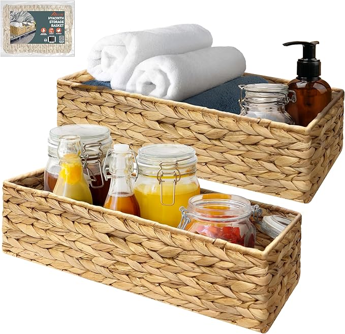 2-Pack Handwoven Water Hyacinth Storage Baskets, Wicker Bins for Pantry Organization, Shelf or Closet Organizer, Decorative Boho Rectangular Basket 15.7" x 6.7"