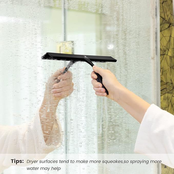 Shower Squeegee for Glass Doors & Microfiber Scrubber Kit 11Inch Window Washing Tools with Non-Slip Handle and Adhesive Hook