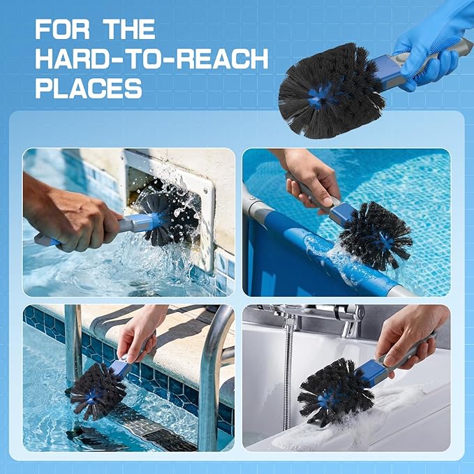 UIRWAY 6-in-1 Deluxe Swimming Pool Cleaning Kit - Includes Detachable Pool Brush, Deep Leaf Skimmer & Fine Mesh Net, Small Brush, Gloves, Adjustable Aluminum Pole Inground & Above Ground Cleaning