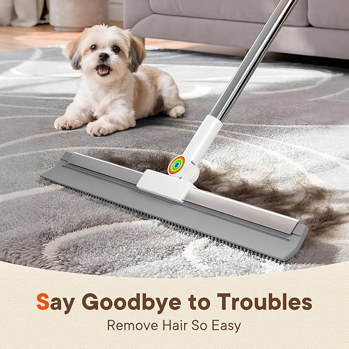 Floor Squeegee for Concrete Floors, 180° Rotating Silicone Broom, Squeegee for Floor with Long Handle and Textured Squeegee Design, Water and Pet Hair Remover for Bathroom Floors, Tile, Deck and Glass