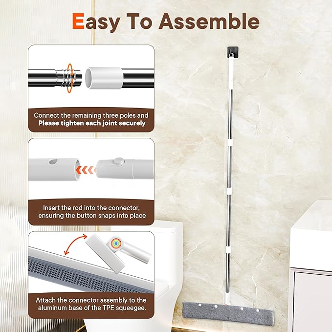 Floor Squeegee for Concrete Floors, 180° Rotating Silicone Broom, Squeegee for Floor with Long Handle and Textured Squeegee Design, Water and Pet Hair Remover for Bathroom Floors, Tile, Deck and Glass