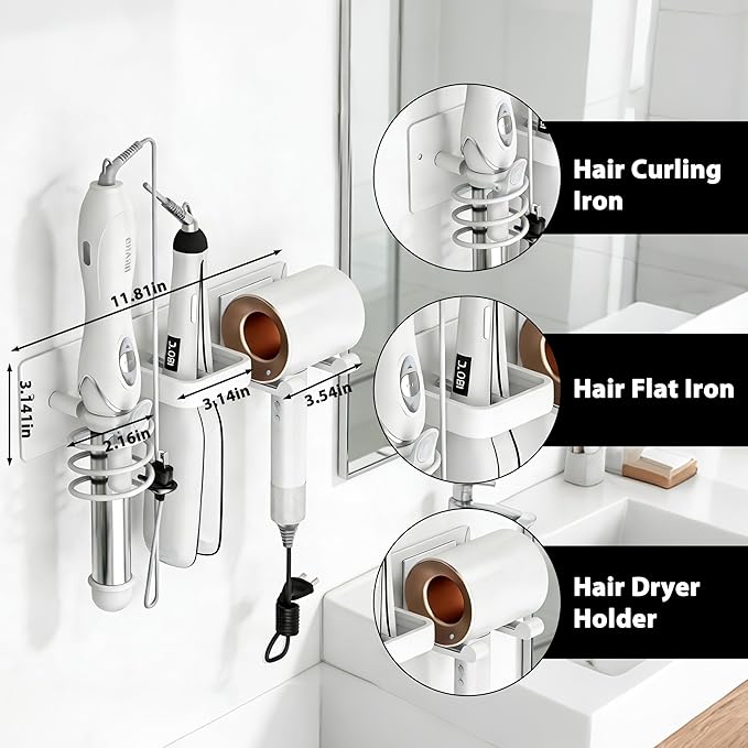 Blow Dryer Holder Wall Mount, 3 in 1 Bathroom Hair Tool Organizer with Curling Iron Holder & Flat Iron Holder, Universal Hair Dryer Holder Rack Storage White