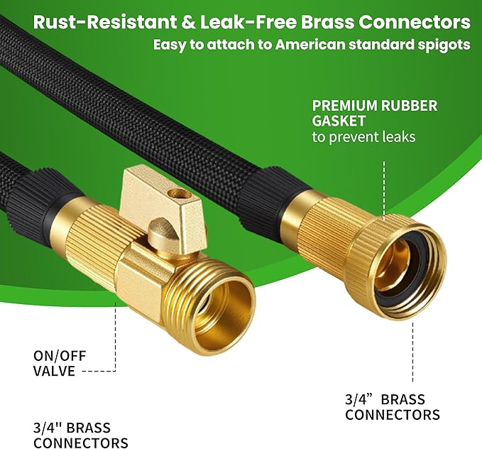 50ft Garden Hose – Lightweight & Flexible Water Hose, Leak-Proof Fabric & Non-Expandable with Shut-Off Valve for Yard, Outdoor Watering, Car Wash & RV
