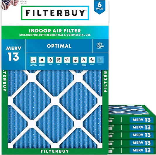 Filterbuy 28x30x1 Air Filter MERV 13 Optimal Smoke & Allergy Defense (6-Pack), Electrostatic Pleated HVAC AC Furnace Filters Replacement, Made in USA (Actual Size: 27.75 x 29.75 x 0.75)