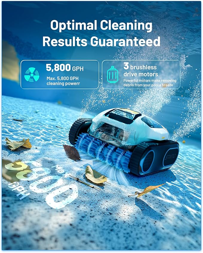 Spino E1 Cordless Robotic Pool Cleaner, 5800 GPH Suction with Triple Brushless Motors, Smart Arc Path, 5 Modes, IPX8 Waterproof, 1600 sq.ft Coverage, Auto Waterline Parking, APP Control