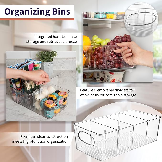 ClearSpace Plastic Pantry Bins with Removable Dividers - Kitchen Storage and Organization (4 Pack)