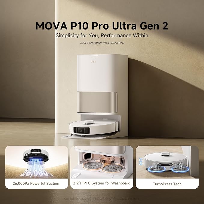 Mova P10 Pro Ultra Gen2 Robot Vacuum and Mop, 26,000Pa Suction, 212°F Hot Water Auto Mop Washing, 1-Hour Hot Air Drying, Extenable Mop, All-in-One Dock, Triple Anti-Tangle System for Home