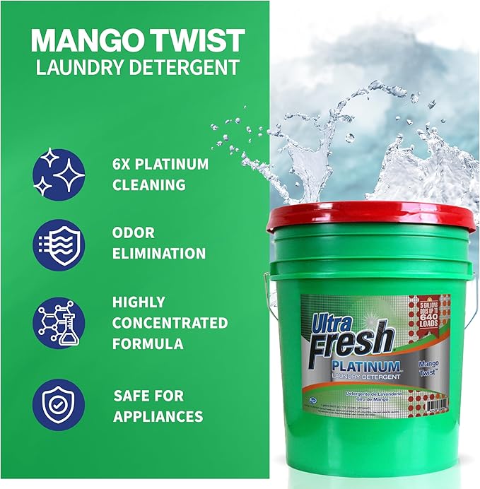 Ultra Fresh 5 Gallon Liquid Laundry Detergent Washing Soap for All Machine Types, 3X Platinum, Up to 640 Loads, Mango Twist