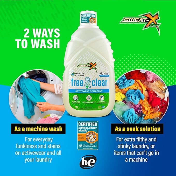 SWEAT X Free & Clear Laundry Detergent Liquid - Natural Non Toxic Laundry Detergent for Sensitive Skin - Gentle Washing Detergent for Activewear & Performance Fabrics - 45 Loads/Bottle, 4 Bottles